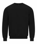 The Gildan GD066 is a plain black crewneck sweatshirt featuring long sleeves and ribbed cuffs.