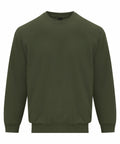 A plain, dark green sweater from Gildan, identified by product name GD066, features long sleeves and a crew neckline. Displayed against a white background, this sweater includes ribbed cuffs and a ribbed hem.