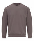 A Gildan GD066 sweatshirt is exhibited against a white backdrop, featuring long sleeves with a ribbed hem and cuffs. This plain gray crewneck design embodies classic simplicity.