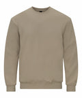 The Gildan GD066 is a plain, khaki-colored sweatshirt featuring long sleeves and a crew neck, displayed against a white background.