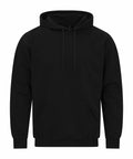 Gildan GD067 hoodie in black featuring a front pocket and drawstring hood, showcased against a white background.