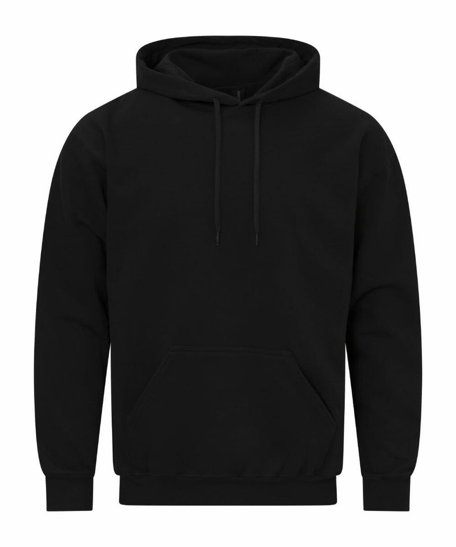 Gildan GD067 hoodie in black featuring a front pocket and drawstring hood, showcased against a white background.