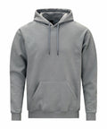 A Gildan sweatshirt, model GD067, in grey, featuring a hood with drawstrings and a front pocket.