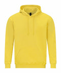 A bright yellow Gildan GD067 hooded sweatshirt, featuring a front pocket and drawstring hoodie, is displayed against a plain white background.
