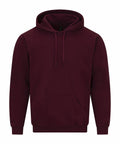 A maroon hoodie from Gildan, model GD067, is displayed on a plain white background. It showcases a front pocket and an adjustable drawstring hood.
