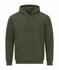 A Gildan brand GD067 hooded sweatshirt in a plain forest green color, featuring a front pocket and drawstrings.