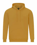 A simple mustard yellow hoodie from Gildan, model GD067, featuring a kangaroo pocket and drawstrings on the hood. The image shows its front view against a white background.