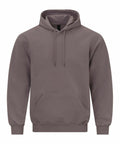 The Gildan GD067 is a plain, gray hoodie featuring a front pocket and drawstrings. This long-sleeved hoodie offers a relaxed fit and is displayed against a white background.