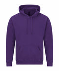 The Gildan GD067 hoodie, featuring a plain purple design with a front pocket and adjustable drawstrings, is displayed against a white background.