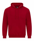 A plain red hoodie from Gildan, product code GD067, features a front pouch pocket and a drawstring hood. This garment sports a simple design with long sleeves, devoid of any visible logos or patterns.