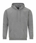 A Gildan GD067 hoodie featuring a plain gray design, long sleeves, a front pocket, and drawstrings. The fabric looks soft and cozy, and the hoodie is showcased against a simple white backdrop.