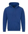 The Gildan GD067, a plain blue hoodie featuring a large front pocket and drawstring hood, is displayed against a white background.