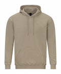 The Gildan GD067 is a beige hoodie displayed on a white background, complete with a front pocket and adjustable drawstrings. It features long sleeves and offers a relaxed fit, making it ideal for casual wear.