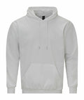 A Gildan GD067 sweatshirt in plain white, featuring a hood, front pocket, and adjustable drawstrings, displayed against a white background.
