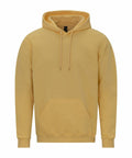 The Gildan GD067 is a plain yellow hoodie featuring a front pocket and drawstring hood. It is crafted from soft and cozy fabric, making it perfect for casual wear. The hoodie is showcased against a white background.