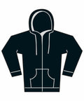 Illustration of the Gildan GD068 black hoodie featuring a front zipper, two pockets, and a hood.
