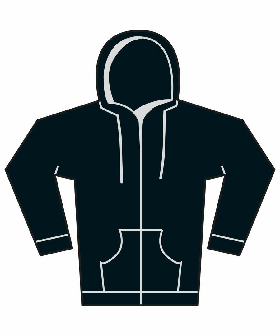 Illustration of the Gildan GD068 black hoodie featuring a front zipper, two pockets, and a hood.