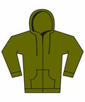 Illustration of the Gildan GD068 olive green hooded sweatshirt with long sleeves and front pockets.