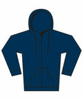 Illustration of the Gildan GD068, a dark blue hooded sweatshirt featuring a front pocket, long sleeves, and a zipper.