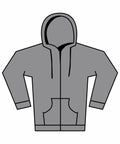 Illustration of Gildan's GD068 gray hoodie featuring a hood and front pockets. The design is minimalist, with black outlines and no visible logos or patterns. It includes long sleeves and a front zipper.