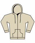 The Gildan GD068 is a beige hoodie showcasing a front zipper, hood, long sleeves, and two front pockets. It is displayed against a plain white background.