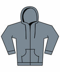 Illustration of the Gildan GD068 gray hoodie, featuring long sleeves and two front pockets, displayed against a plain white background.