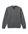 A dark grey, long-sleeve quarter-zip sweatshirt with ribbed cuffs and hem is laid flat on a white background.