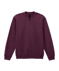 A maroon long-sleeve quarter-zip sweatshirt with ribbed cuffs and waistband, from our Sweatshirts collection, displayed on a white background.