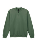 The sweatshirt is a sage green, plain long-sleeve top with a crew neck, quarter zip front, and ribbed cuffs and hem, shown laid flat on a white background.