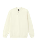 An off-white, long-sleeved sweatshirt with a short front zip and ribbed cuffs and hem is laid flat on a white background.