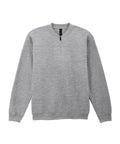 A heather grey sweatshirt with long sleeves, a quarter-zip collar, ribbed cuffs, and hem is laid flat on a white background.