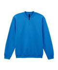 A blue sweatshirt long-sleeve pullover with a short front zip and ribbed cuffs and hem is laid flat on a white background.