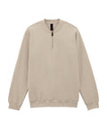 A beige long-sleeve sweatshirt pullover with a short front zip at the collar, ribbed cuffs, and ribbed hem, displayed flat on a white background.