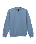 A light blue sweatshirt with long sleeves, quarter-zip collar, ribbed cuffs, and ribbed hem is displayed on a white background.