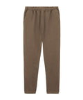 Tracksuit bottoms in brown with an elasticated waistband and side pockets, laid flat on a white background. Made from soft fabric, the tracksuit bottoms are plain with no visible logos or patterns.