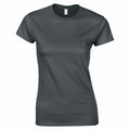 The product displayed is the GD072 from Gildan, featuring a plain, dark gray T-shirt against a white background. It has a crew neck and short sleeves, offering a fitted and casual style.