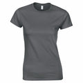 The Gildan GD072 is a plain dark gray T-shirt displayed on a white background, featuring a classic crew neck and short sleeves. The fabric looks smooth and slightly fitted for a casual appearance.