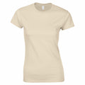 Displayed against a white background, this Gildan GD072 women's short-sleeve T-shirt comes in a plain cream color. It showcases a classic round neckline with a simple, fitted design, viewed from the front.