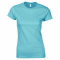 A Gildan GD072 T-shirt, featuring a plain turquoise color and short sleeves, is displayed against a white background. This T-shirt has a round neckline and is crafted from a smooth fabric.