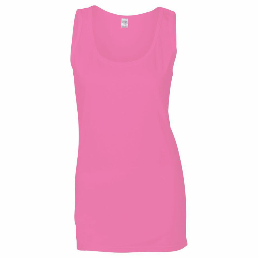 A Gildan GD077 pink tank top displayed against a white background.