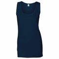 A Gildan GD077 navy blue tank top with a scoop neckline is showcased against a white background.