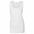 Gildan's GD077 is a white, sleeveless tank top set against a plain white background. This garment features a round neckline and offers a simple, fitted design.