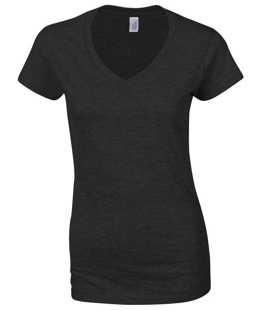 Gildan's GD078, a V-neck T-shirt in plain black, displayed on a white background.