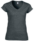 A product from Gildan is shown against a white background; it's the GD078, a dark gray V-neck T-shirt with short sleeves featuring a slim fit and a simple, casual design.