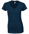 A plain, dark blue V-neck T-shirt from Gildan's GD078 collection is displayed against a white background. This short-sleeved shirt is designed for women and features a slim fit style.