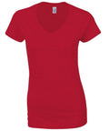 A plain red V-neck women's T-shirt from the Gildan brand, model GD078, displayed against a white background.