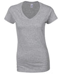 A Gildan GD078 women’s V-neck T-shirt in gray is displayed against a white background. This shirt features short sleeves and a minimalist design, making it ideal for casual wear.