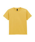 A plain yellow short-sleeve T-shirt is shown on a white background, featuring a crew neckline with no visible logos or designs.