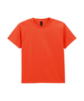 A bright orange, short-sleeved crew-neck T-shirt is laid flat on a white background.