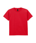 A T-shirt product in solid red with short sleeves and a crew neckline is shown against a white background.